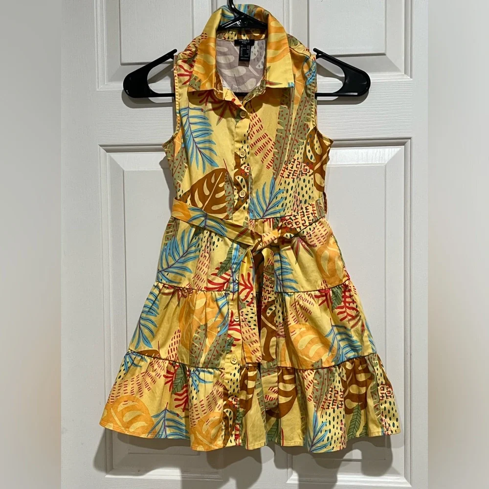 Forever 21 Kids Yellow and Teal Tropical Print Dress GIRLS SIZE 9/10